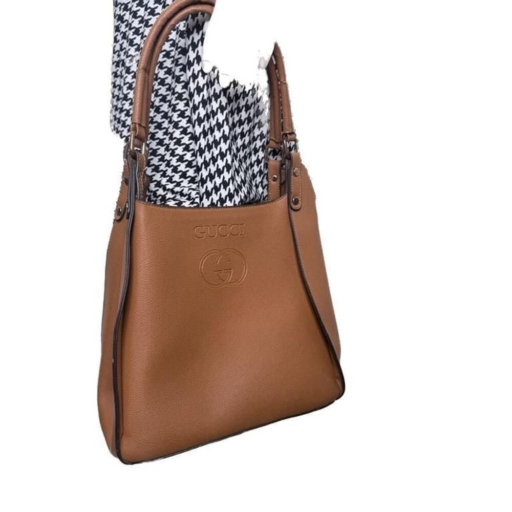 Brown Pebbled Leather Embossed Logo Tote Bag - Picture 2 of 2
